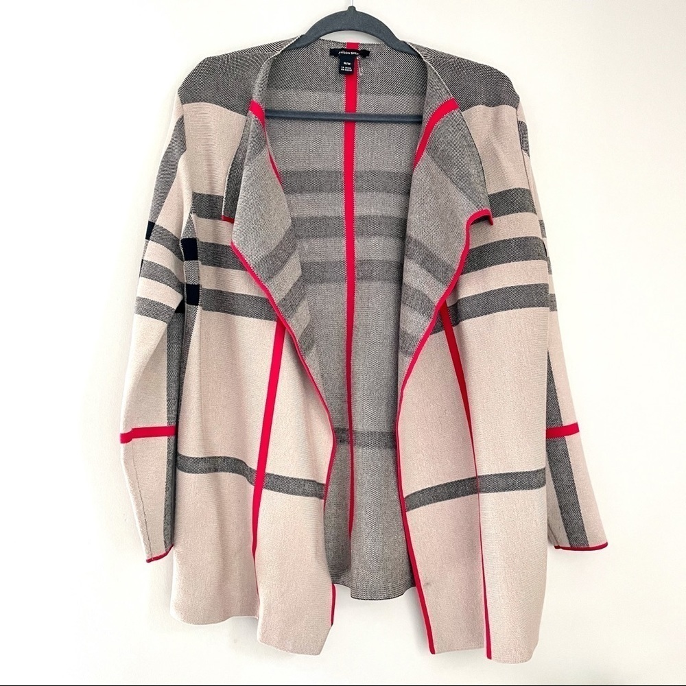 Alison Sheri Cream Red Black Plaid Cardigan M